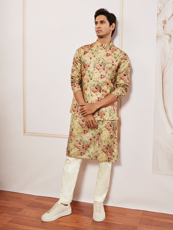 Men's Cream And Brown Silk Blend Jacket, Kurta And Pyjama Set